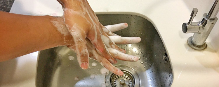 woman washes her hands in sudsy soap
