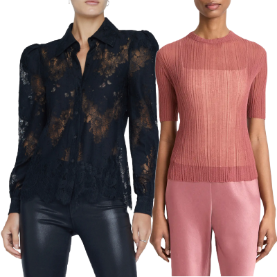 two models demonstrate different options women have when choosing what to wear beneath crochet cardigans, open-stitch sweaters, lacy and sheer blouses, and more