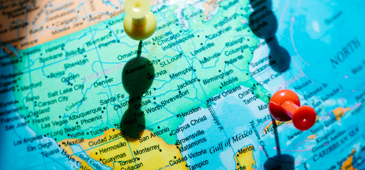 map with colored pins in two locations