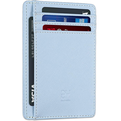 light blue card holder wallet with 4 spaces for cards