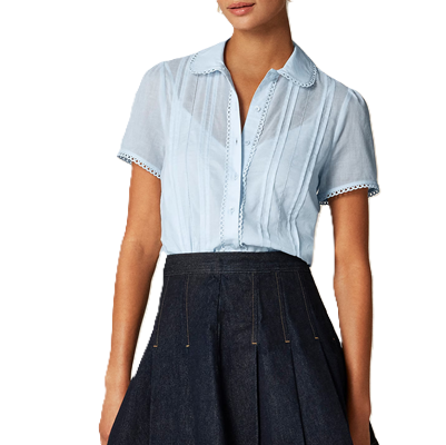 blue cotton voile blouse with scalloped details, rounded collar, and slightly sheer front