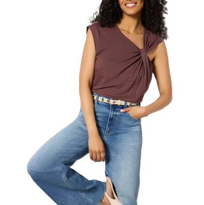 woman wears purpley brown top with twisted detail