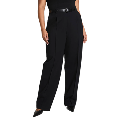 plus-size model wears barrel leg pants with pointy toe heels