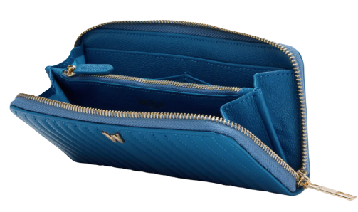 blue continental wallet with zippered coin pocket and zippered exterior pocket