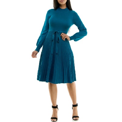 A woman wearing a blue Tie Waist Fit & Flare Sweater Dress with black heels