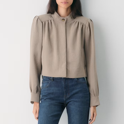 crepe jacket with drapey details at shoulder