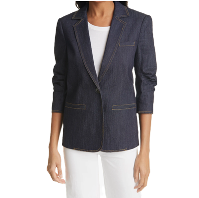 woman wears denim blazer for work outfit