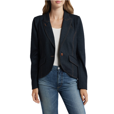woman wears denim blazer for work outfit