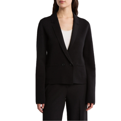 woman wears black knit sweater blazer