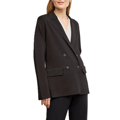 woman wears black knit sweater blazer