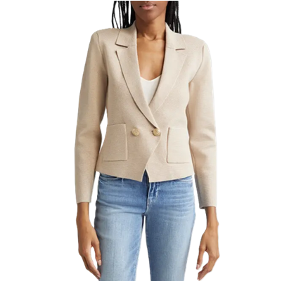 woman wears double-breasted sweater blazer in beige