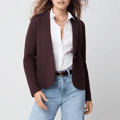 The Best Sweater Jackets for the Office: J.Crew Factory woman wears sweater blazer with jeans