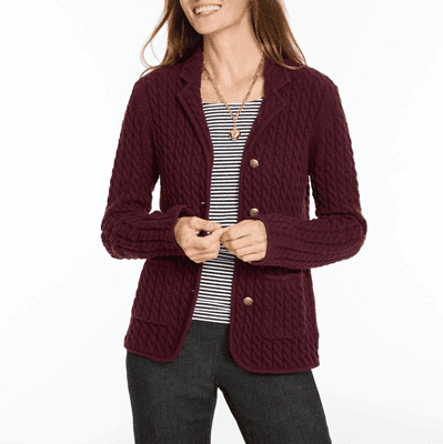 woman wears burgundy sweater blazer with stripey tee