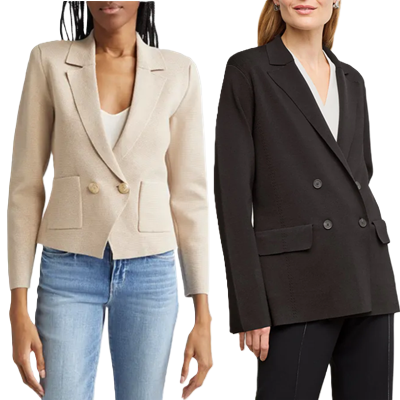 collage of two of the best double-breasted sweater blazers for work outfits