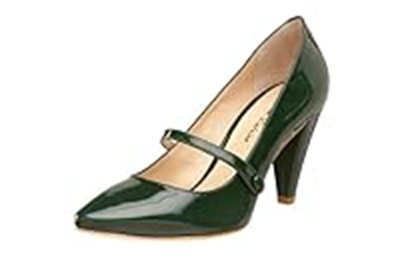 dark green Mary Jane heels with triangular heel