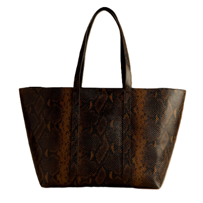 brownish greenish python print tote bag