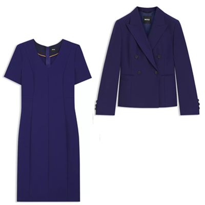 purple dress with blazer, inexplicably labeled "turquoise" by brand