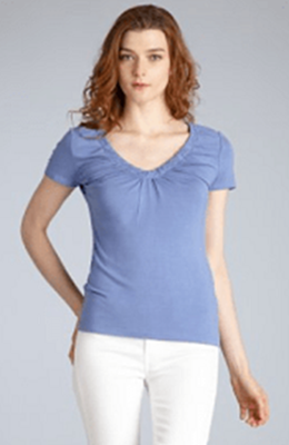 periwinkle blue T-shirt with gathered detail at neckline