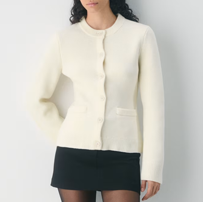 woman wears white cardigan buttoned up