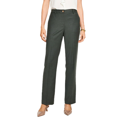 businesswoman wears green flannel dress pants with work outfit