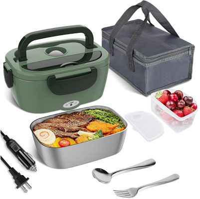 lunch box comes with warming compartment; image shows car charger, insulating box, and section of lunch that can be removed so it isnt heated (like fruit)