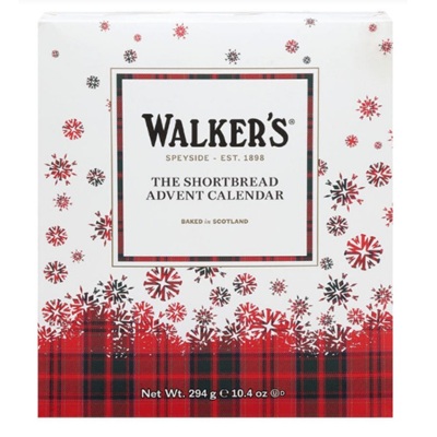 A Walker's shortbread advent calendar box with a red plaid bottom and snowflake design on top