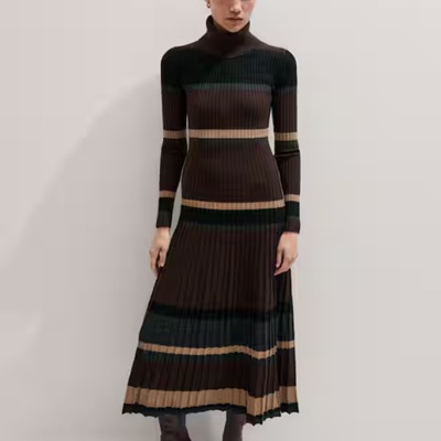 A woman wearing a brown and light brown stripe maxi dress