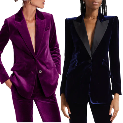 two women wearing velvet blazers, the perfect thing to wear to holiday office parties