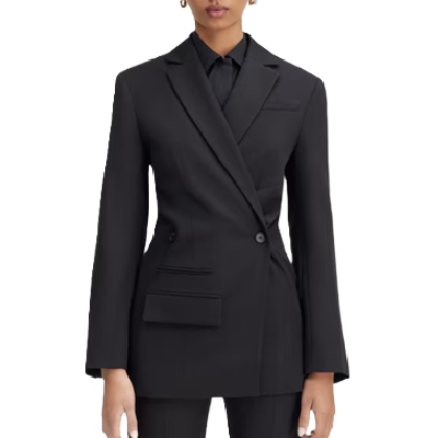 black double-breasted suit with interesting pocket detail