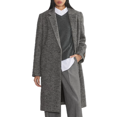 woman wears gray herringbone professional winter coat for women