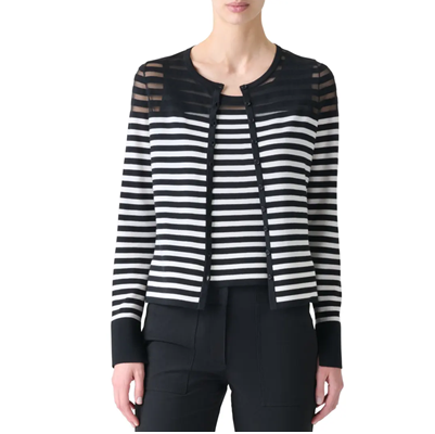 striped cardigan with sheer details for top 1/5th of sweater