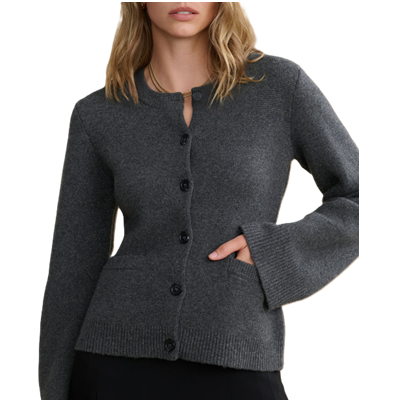 woman wears gray cashmere cardigan
