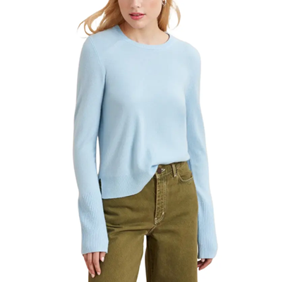 blue cashmere sweater with slightly extended cuffs