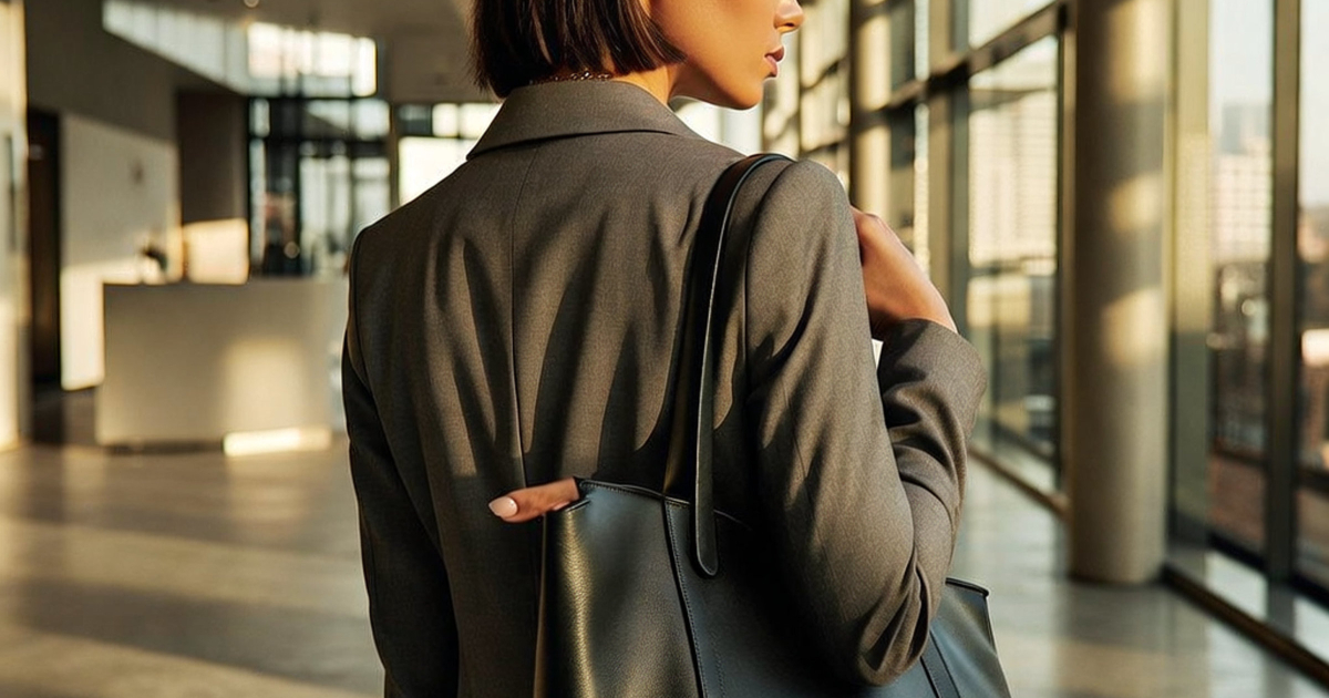professional stylish Black woman looks out the window; she is wearing a gray suit and has a black leather tote on her shoulder