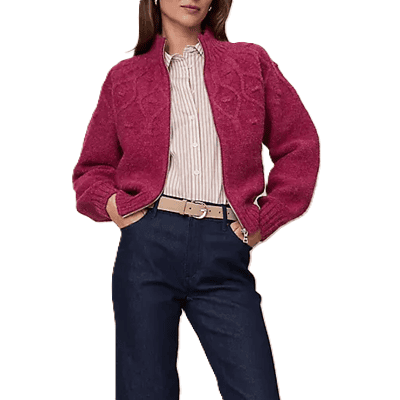 strawberry knit bomber jacket worn with crisp blouse and denim