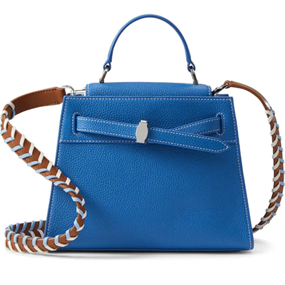 blue bag with blue top handle and long brown crossbody strap with white and blue details