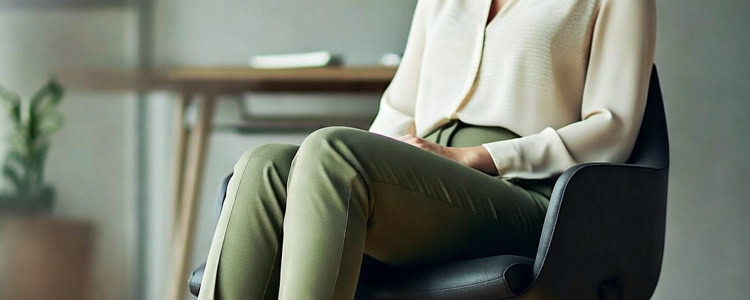 elegant businesswoman wears olive pants and a beige blouse, she is sitting in a black leather chair