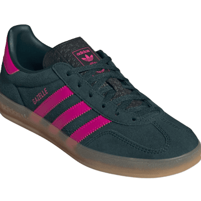 Gazelle sneaker with hot pink stripes and a dark navy? green? solid part