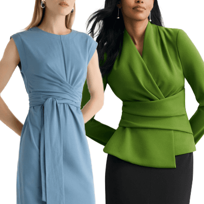 collage of two work separates with wrap details: a blue wrap dress and a spring green wrap top