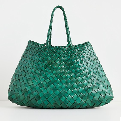 green leather woven tote