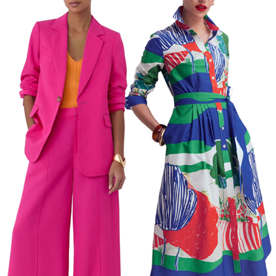 two professional women dressed in loud colors and patterns as with "dopamine dressing"