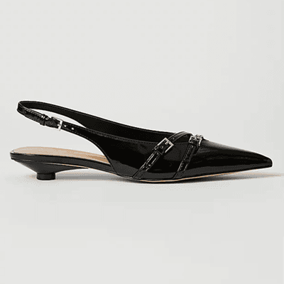 black patent strappy flats with teensy heel