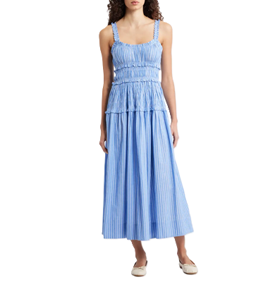 blue and white stripey dress with smocking details