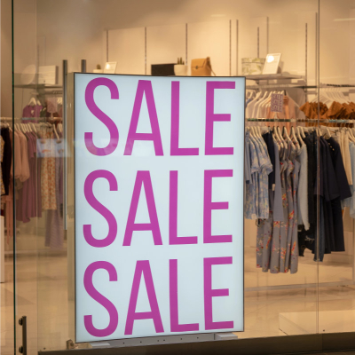 storefront with large SALE SALE sign