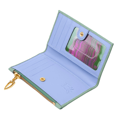 green and lavender card case with pink details