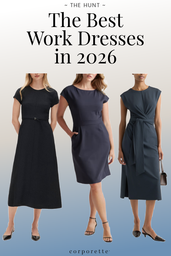 graphic for pinterest features a collage of 3 of the best work dresses for women in 2026, and the text at top reads THE BEST WORK DRESSES IN 2026