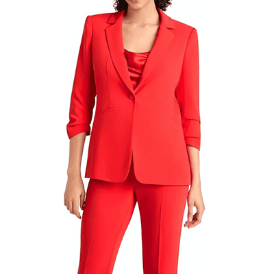 red blazer with ruched sleeves