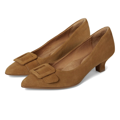 low brown heels with buckle detail