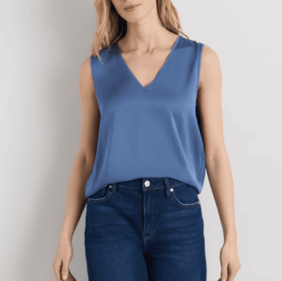 blue silk tank top with V-neck