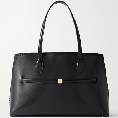 black leather tote with belt and whipstitch detailing